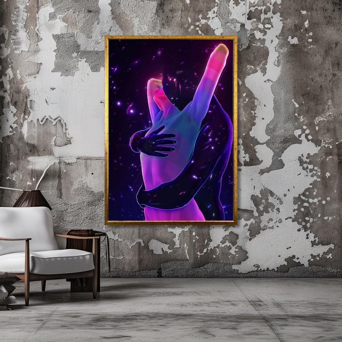 Cosmic Embrace Neon Lovers Entwined Beneath Starry Space Poster - Image 3