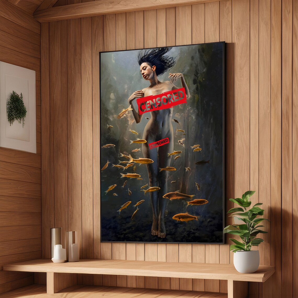 Underwater Nymph Surreal Nude Woman Floating Among Golden Fish Poster