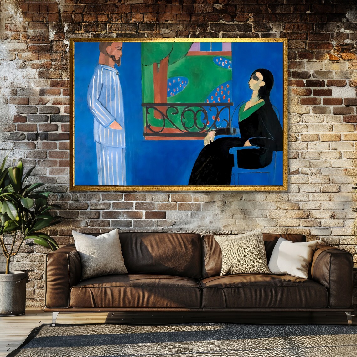 Matisse-Style Couple by the Balcony Window in Blue Room Poster - Image 3
