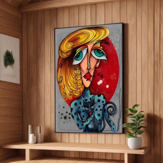 Abstract Cubist Woman With Black Cat Golden Hair Bold Art Poster