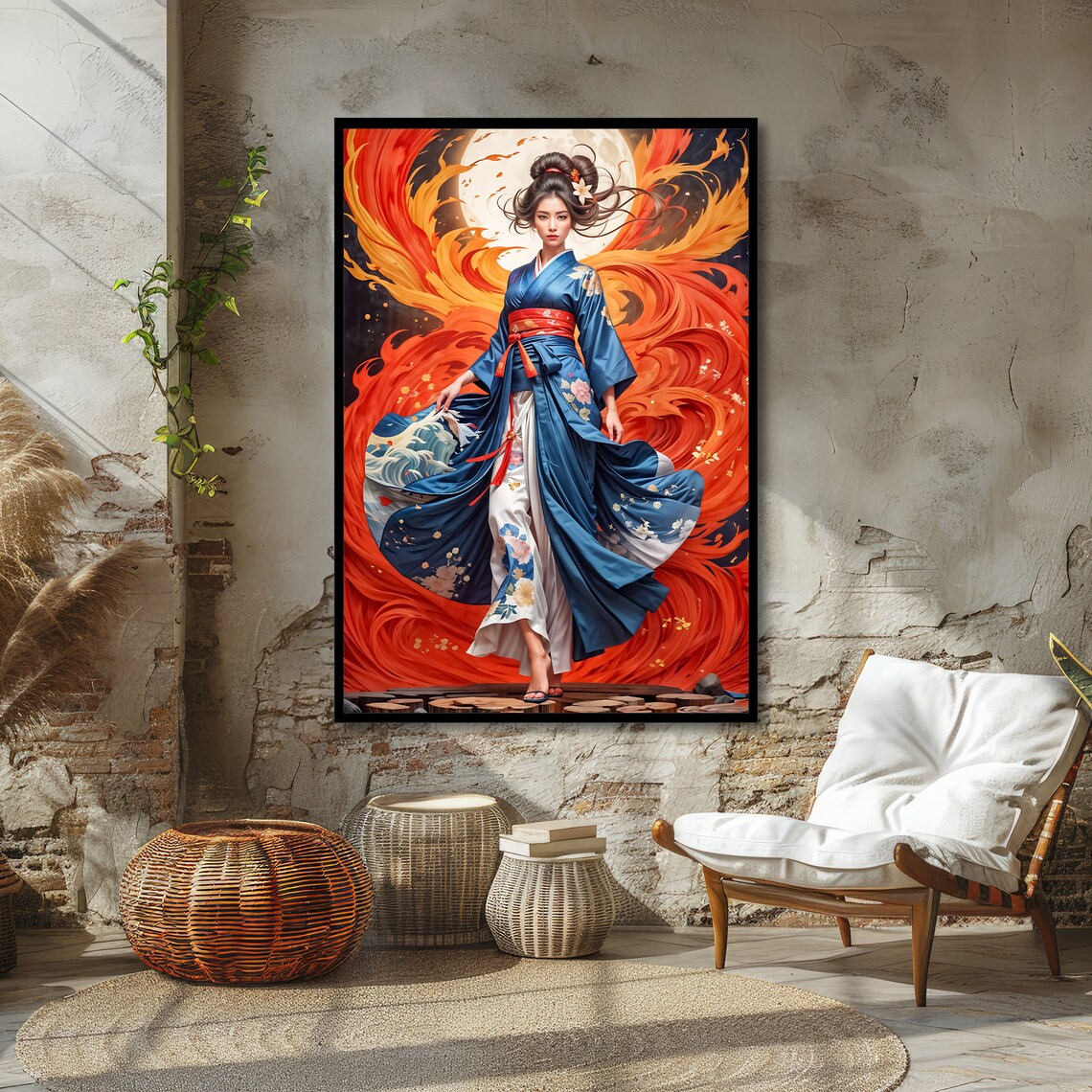 Japanese Woman in Blue Kimono Fire and Moon Japanese Art Poster - Image 4