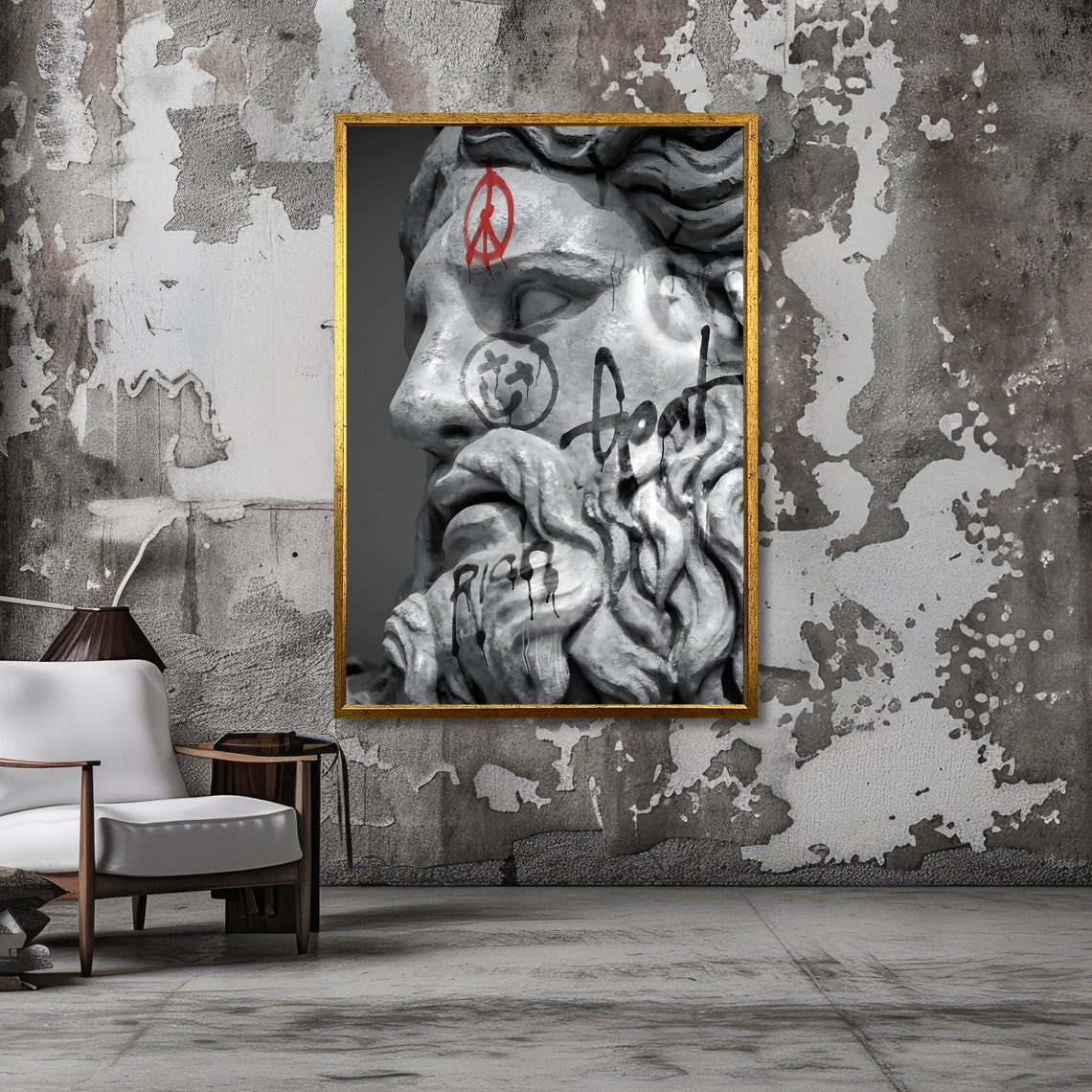 Graffiti Zeus Statue Head with Red Peace Sign Urban Street Art Poster - Image 3