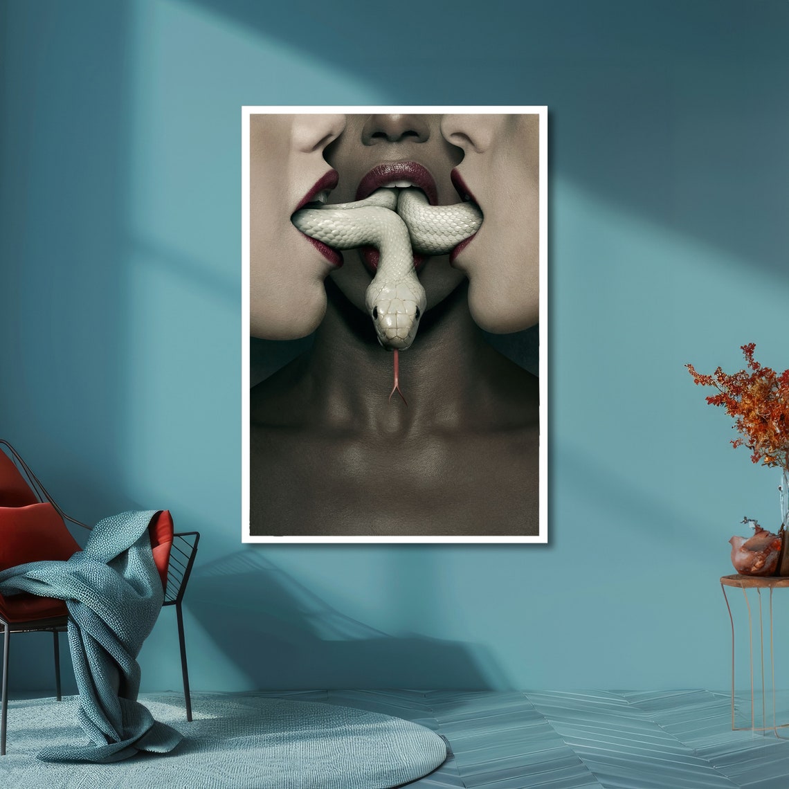 Sensual Close-Up Lips With a White Snake Surreal Erotic Art Poster - Image 6
