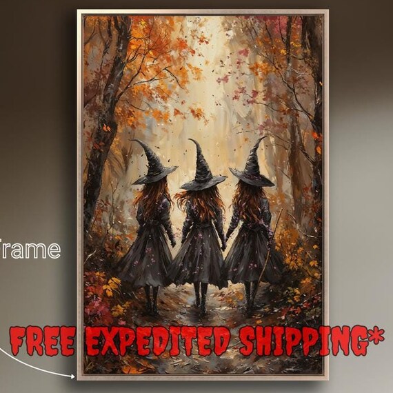 Three Witches Walking Through Autumn Forest Halloween Art Poster