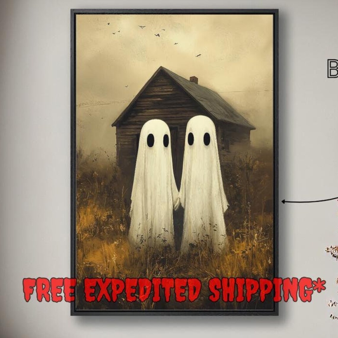 Ghost Couple Holding Hands Rustic Barn Vintage Cute Halloween Spooky Wall Poster