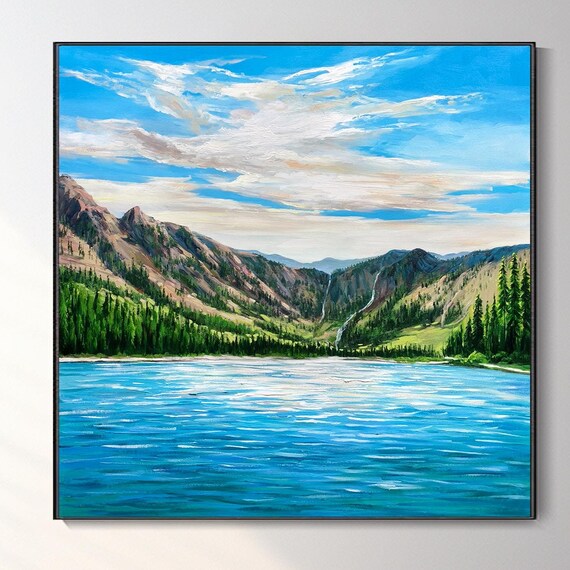 Hand Painted Custom Landscape Blue Lake Mountain Range Wall Art Textured Knife Artwork Living Room Bedroom Decor Contemporary Art