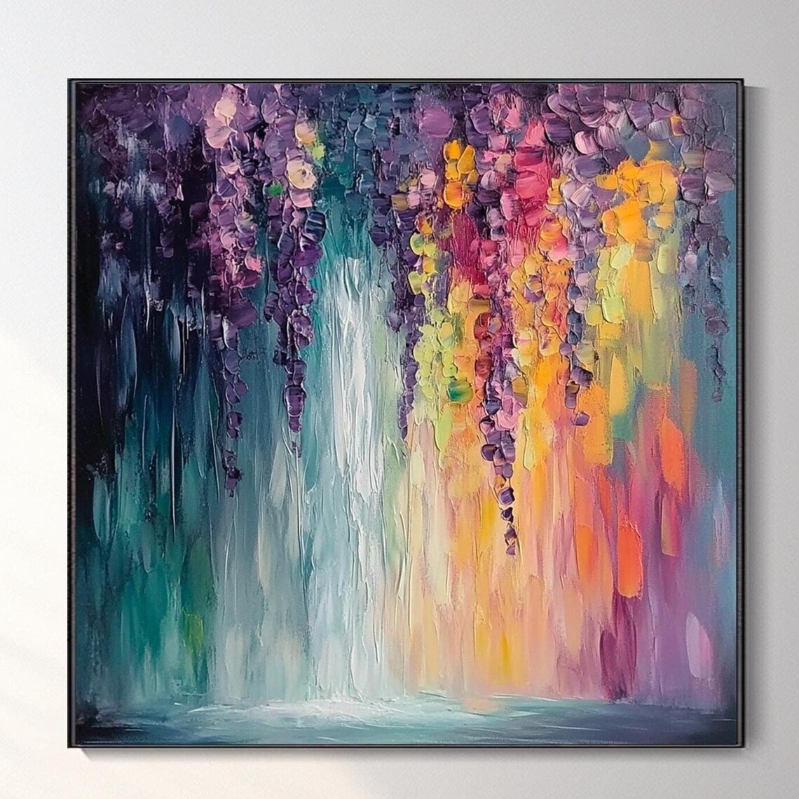 Colorful Hanging Flower Garlands Over Tropical Waterfall Poster