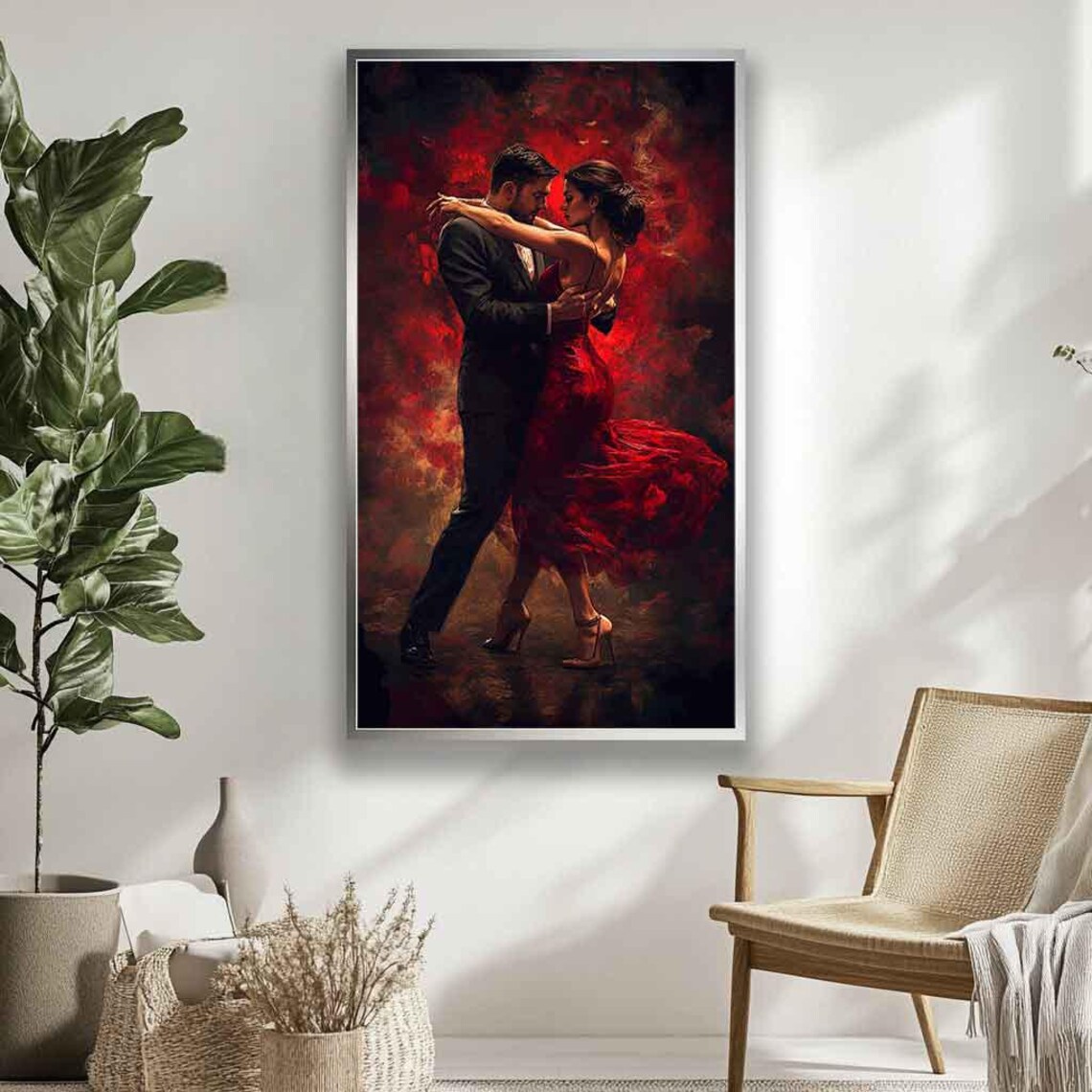 Passionate Tango Dancers Embracing in Dark Crimson Red Glow Poster - Image 4
