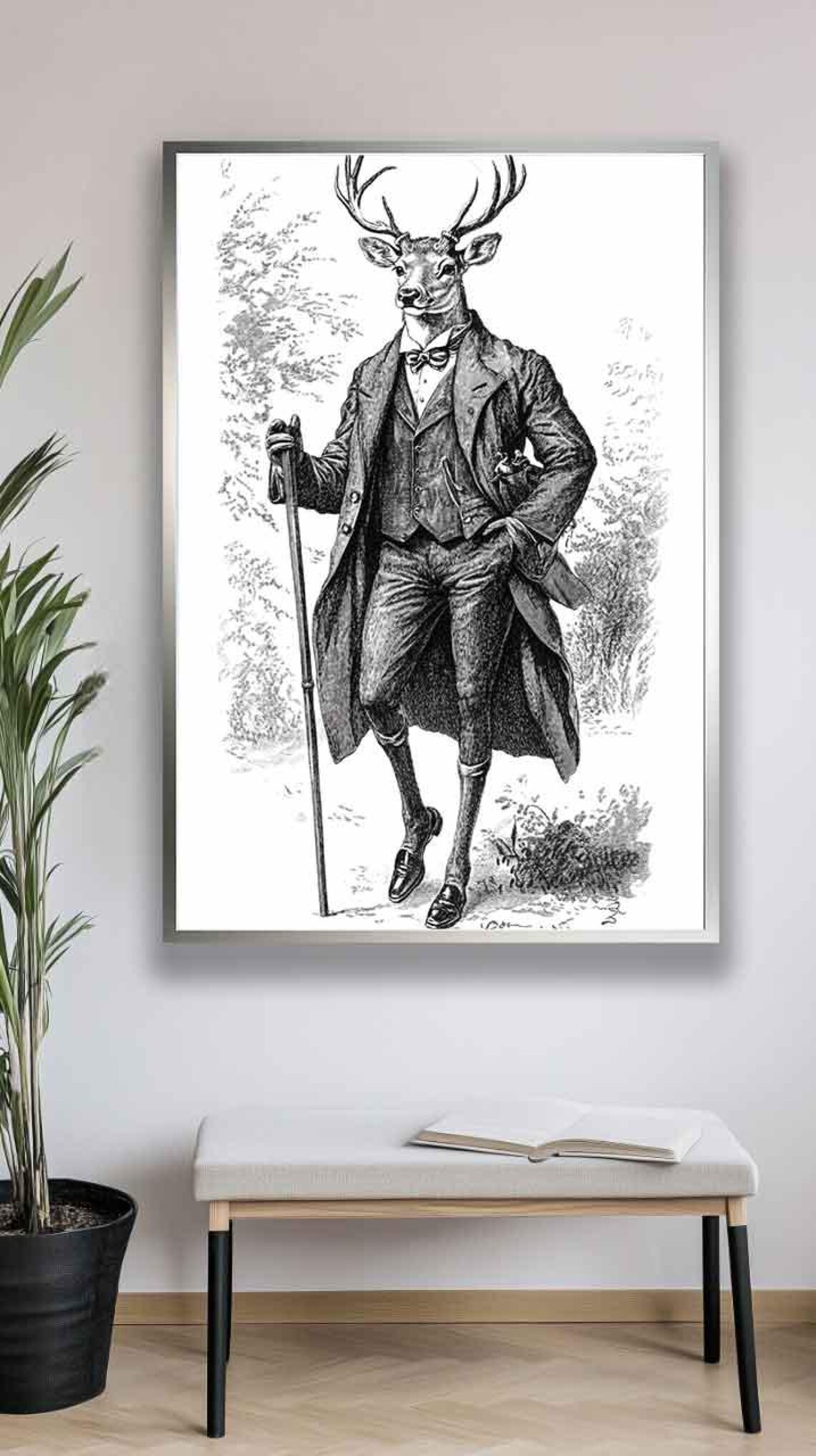 Deer Gentleman in a Victorian Suit Black and White Engraving Poster - Image 4