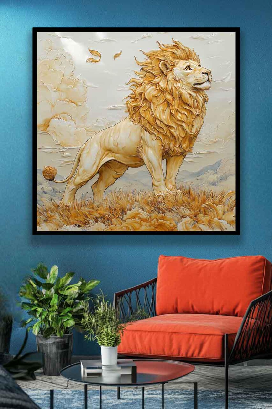 Golden Lion Standing Tall Savanna Grass Cloudy Sky Wildlife Art Poster - Image 4