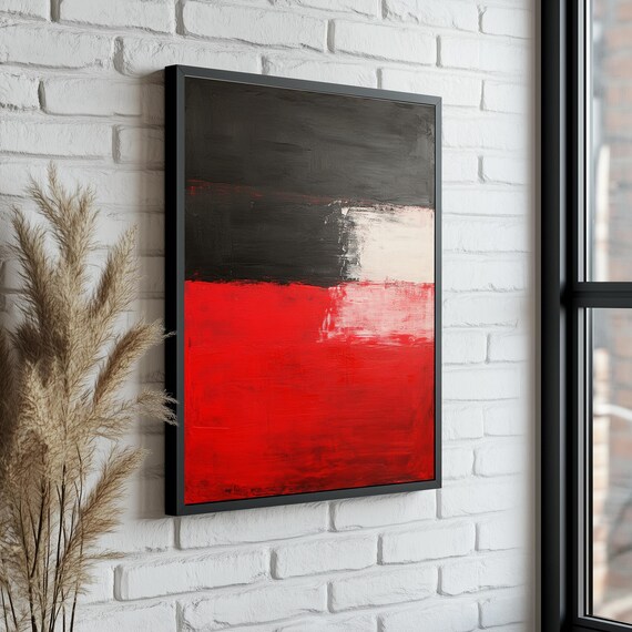 Black and Bright Red Split-Block Composition Abstract Art Poster
