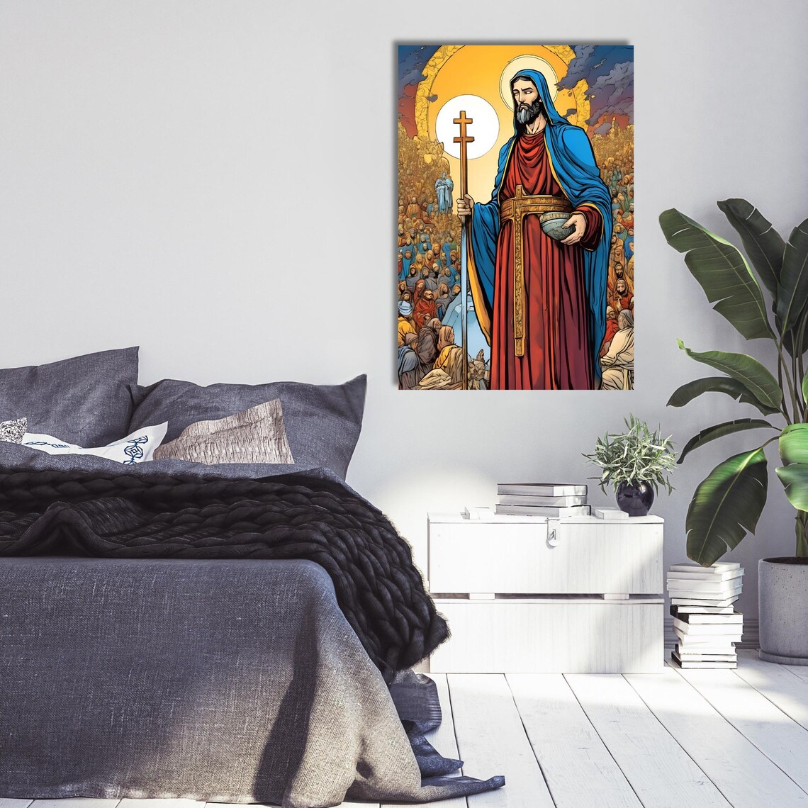 Saint Figure With Cross Staff Moonlit Crowd Religious Poster - Image 4