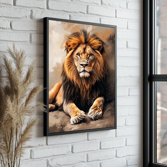 Resting Male Lion Portrait Warm Sepia Painterly Wildlife Art Poster