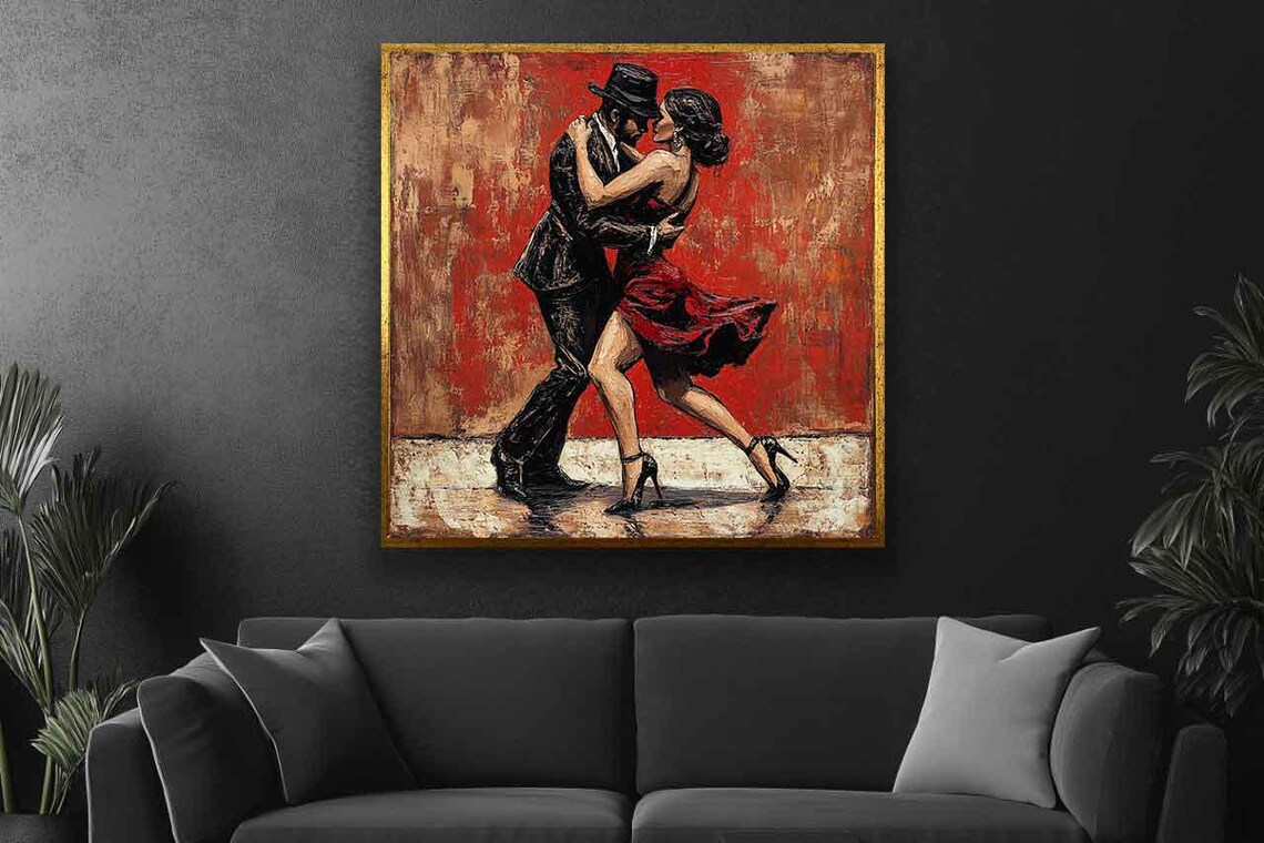 Tango Dance Couple Embracing Before Textured Crimson Wall Poster - Image 2