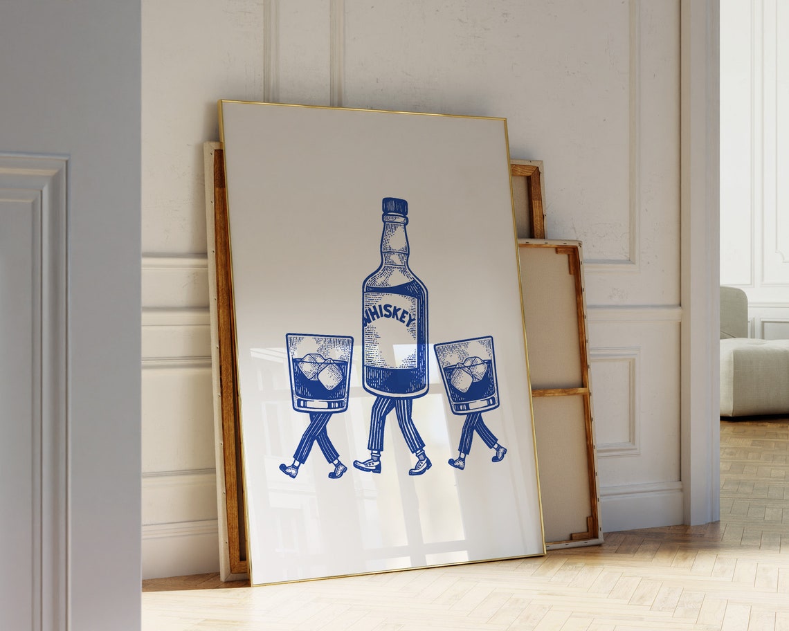 Walking Whiskey Bottle and Glasses Blue Ink Bar Cart Art Poster