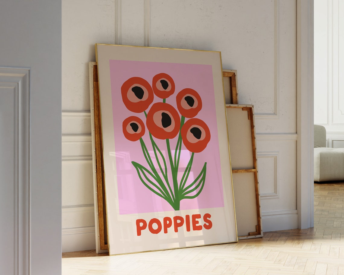 Bold Red Poppy Flower Bouquet Poppies Pink Botanical Art Poster - Image 3
