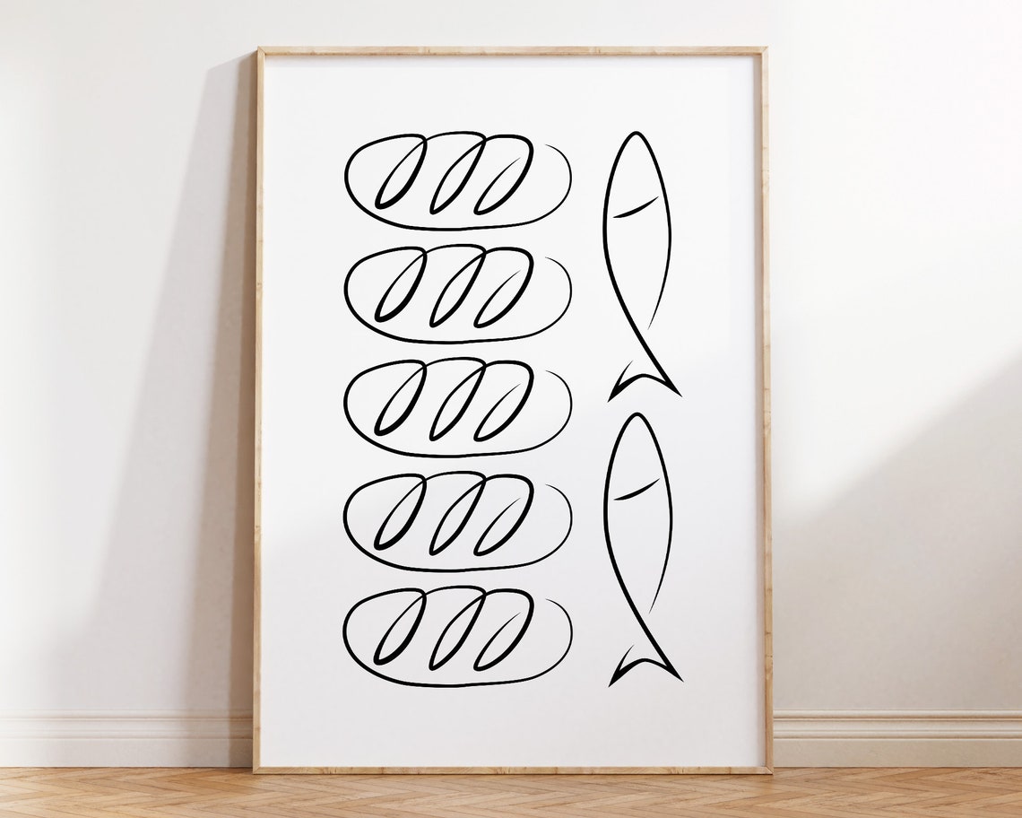 Five Loaves Two Fishes Minimalist Christian Bible Line Art Poster