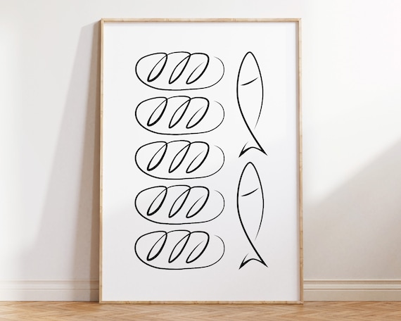 Five Loaves Two Fishes Minimalist Christian Bible Line Art Poster