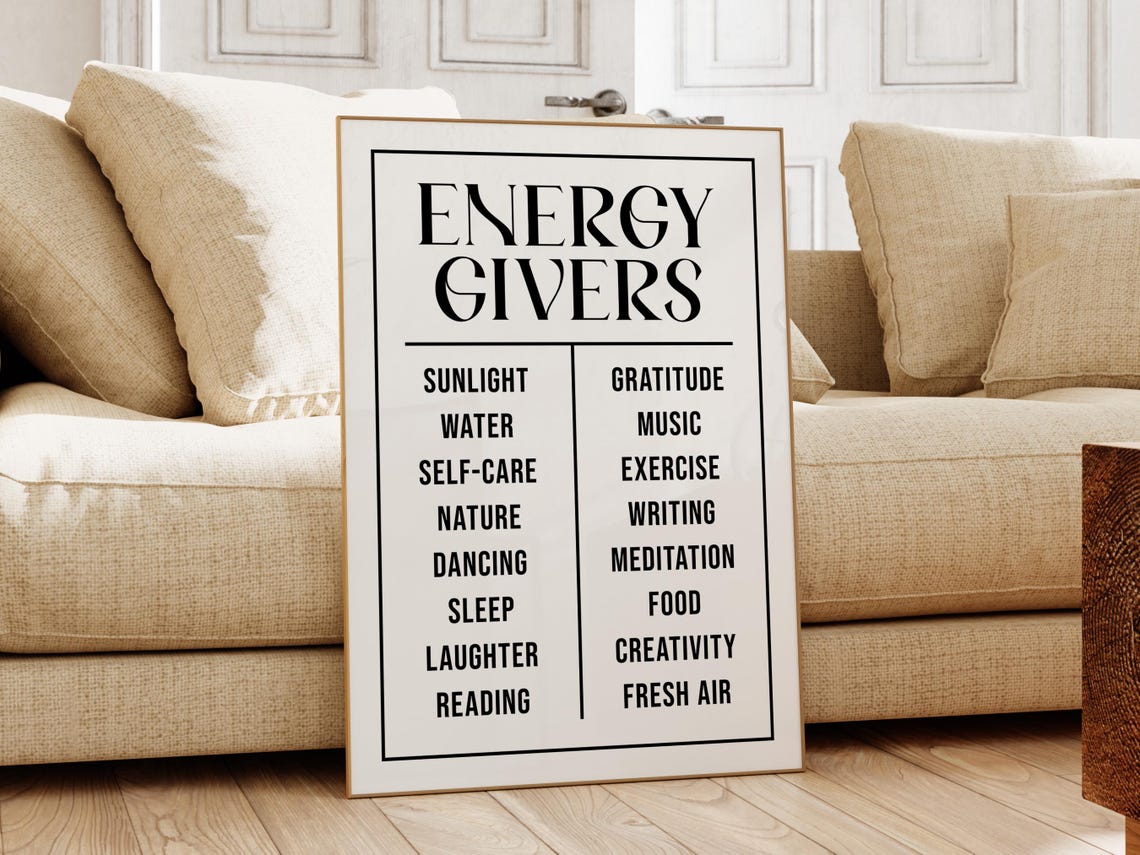 Energy Givers Minimal Black White Wellness Self Care List Poster - Image 3