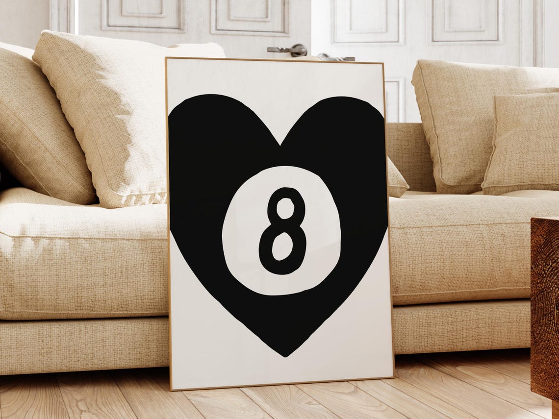 Black Heart Eight Ball Lucky Retro Minimalist Game Room Poster