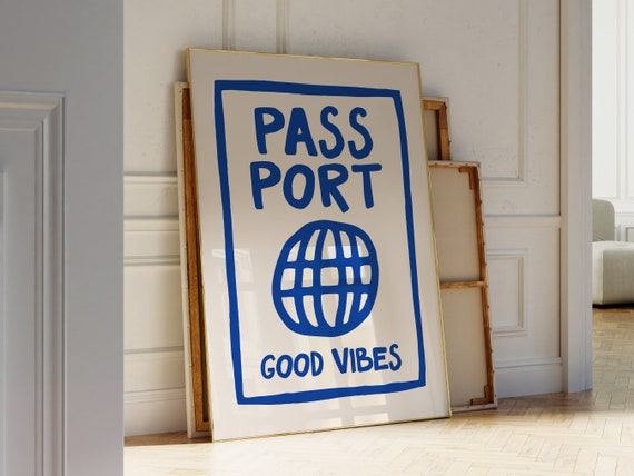Retro Travel Wall Art Navy Blue Art Print Passport Wall Art Aesthetic Travel Print Cute Travel Poster Maximalist Art Print
