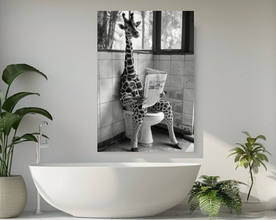 Funny Giraffe Sitting On Toilet Reading Newspaper Bathroom Wall Art