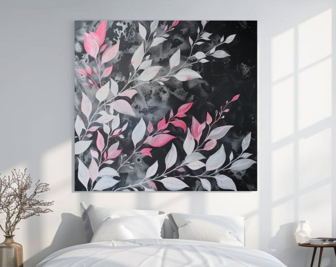 Elegant Delicate Black White Pink Branch Leaves Botanical Wall Art