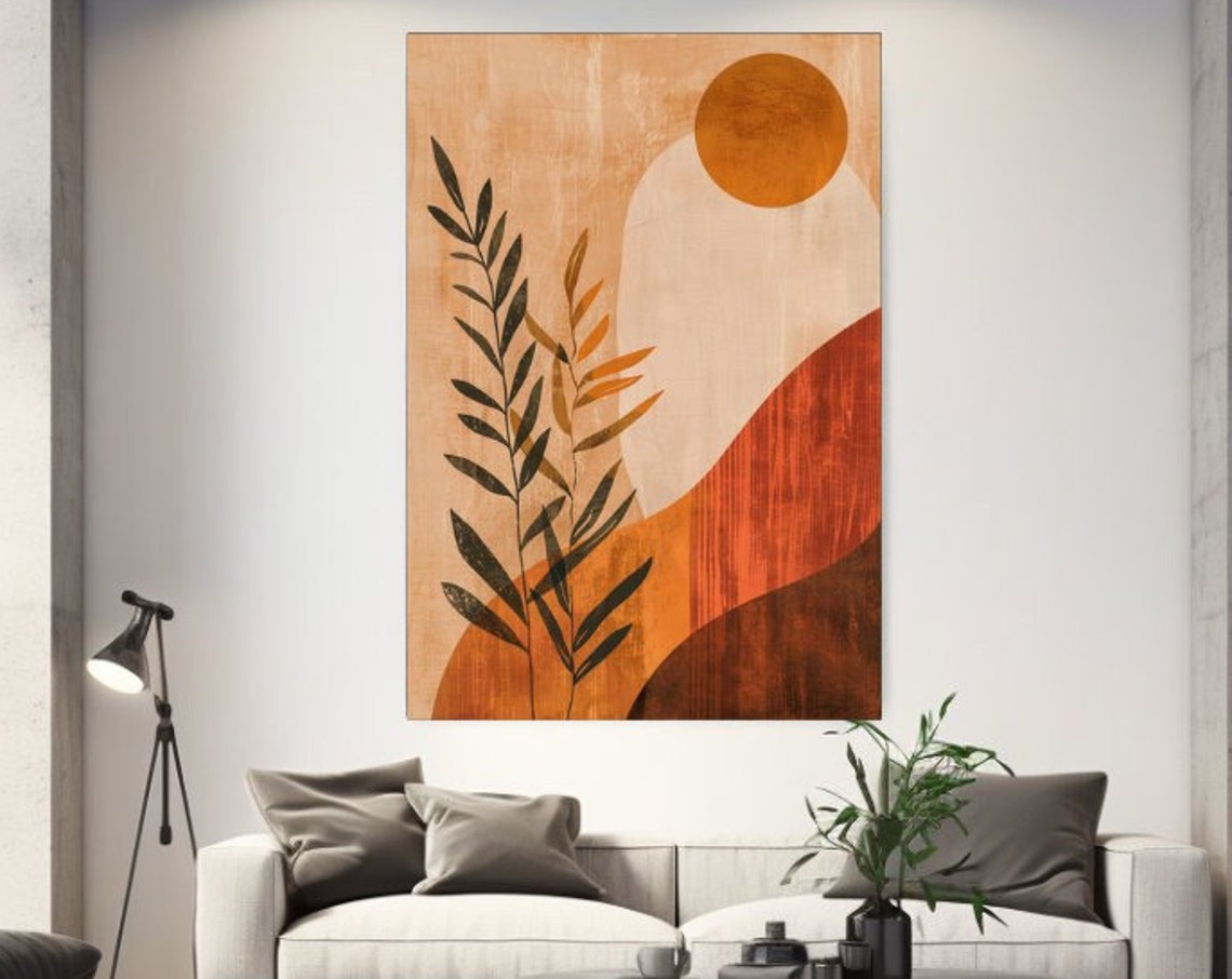 Boho Terracotta Sun And Leafy Branches Abstract Wall Art Poster