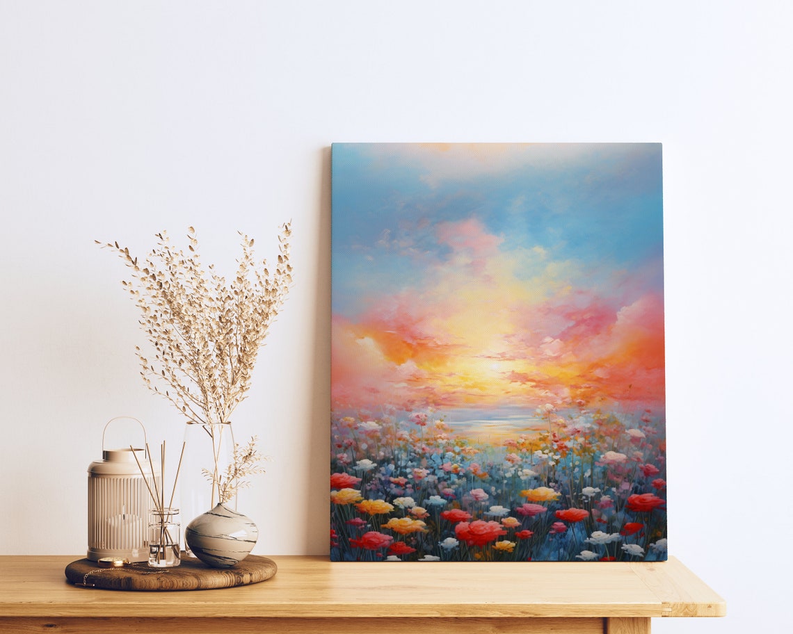 Sunset Wildflower Field Ocean Horizon Pastel Sky Landscape Poster