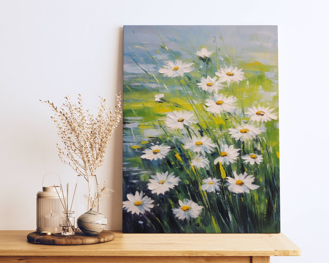 White Daisies Swaying In Green Meadow Breeze Floral Art Poster