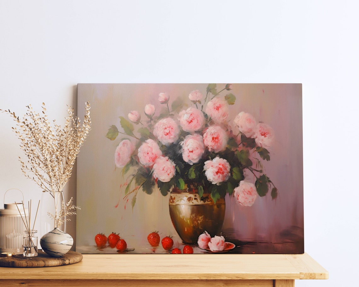 Pink Roses Gold Vase Strawberries Still Life Painting Poster