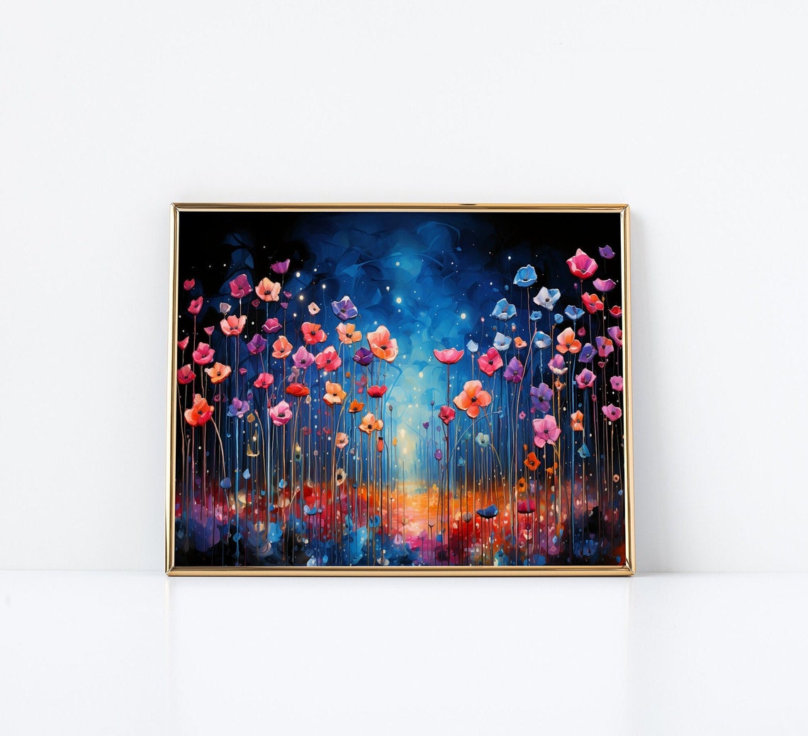 Wildflower Meadow Night Painting Pink Blue Blooms Garden Poster - Image 3