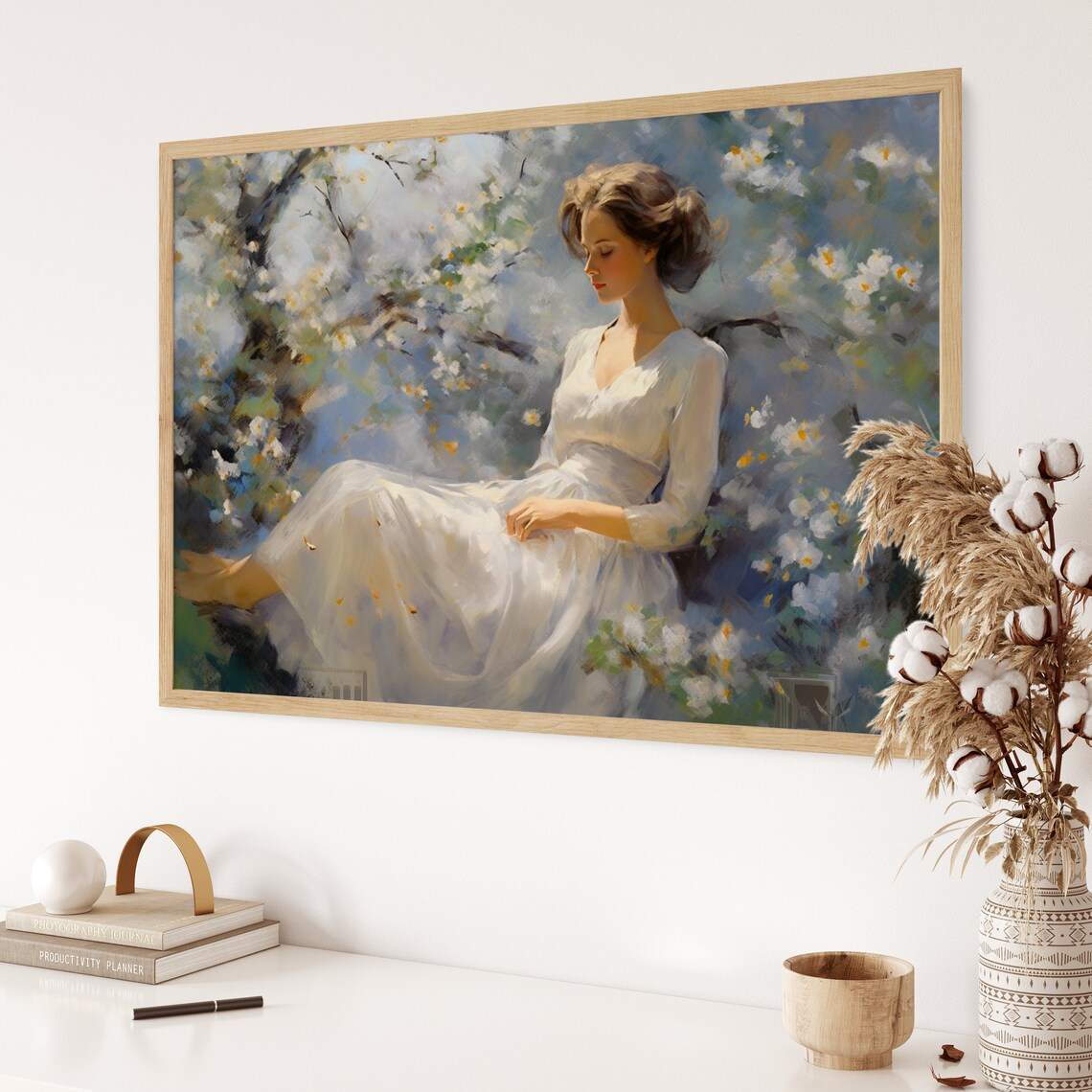 Woman in White Dress Painting Blossoming Trees Garden Poster - Image 3