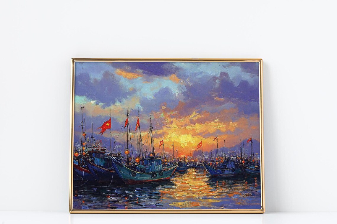 Vietnamese Harbor Sunset, Coastal City Skyline Art Print - Image 3