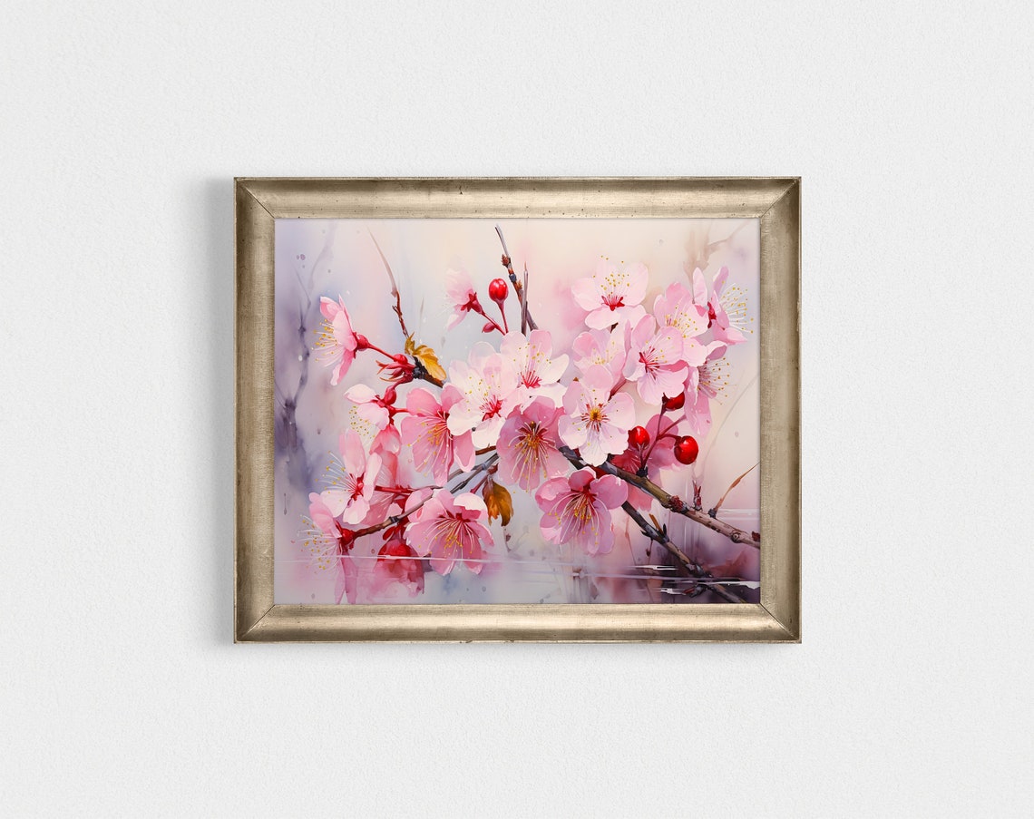 Pink Cherry Blossom Branch Realistic Watercolor Spring Floral Poster - Image 2