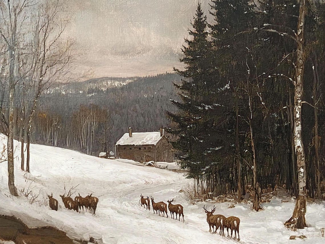 Winter Deer Herd Mountain Cabin Snowy Forest Wildlife Poster - Image 3