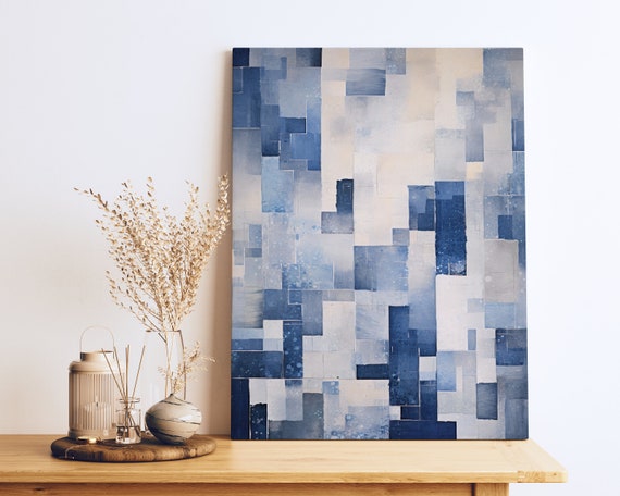Blue And White Blocks Painting Dark Sky Blue And Silver Hues Mottled Texture On