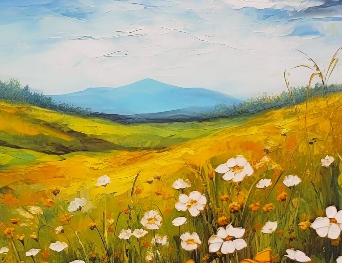 Summer Meadow Painting White Daisies Golden Hills Landscape Poster - Image 3