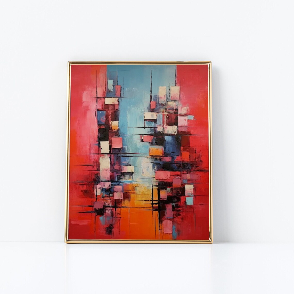 Cityscape on Red Background, Realism Expressionism Mix - Image 2