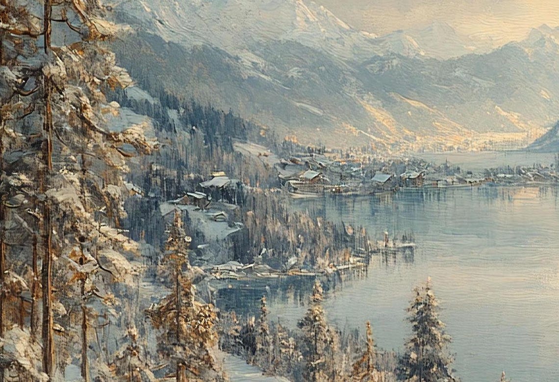 Alpine Lake Winter Sunset Mountain Pines Serene Landscape Poster - Image 3
