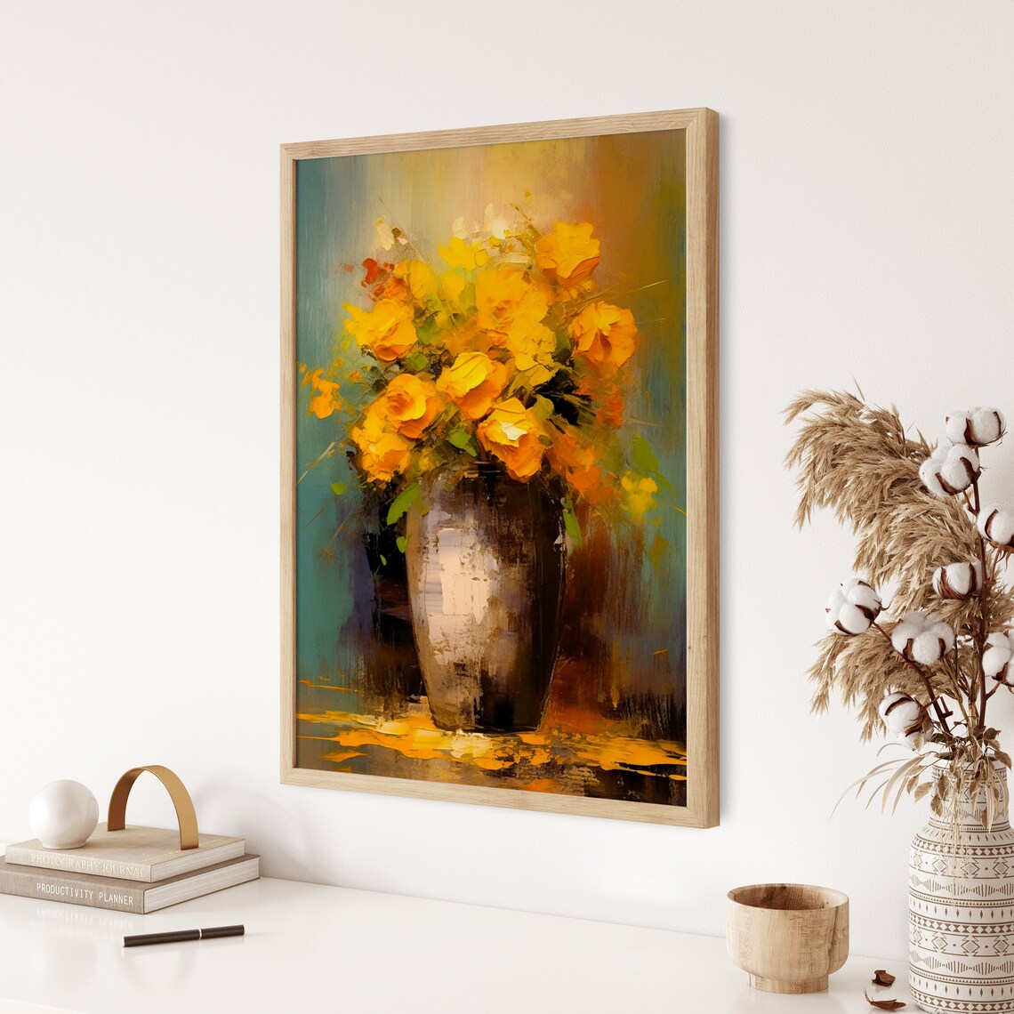 Golden Yellow Roses Bouquet In Dark Vase Impasto Floral Art Poster - Image 3