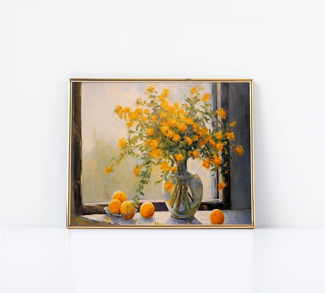 Yellow Blossom Bouquet And Oranges On Sunny Windowsill Art Poster - Image 2