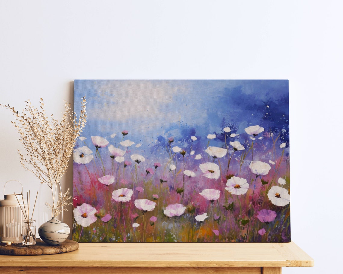 White Cosmos Flowers Blue Indigo Sky Impressionist Floral Poster