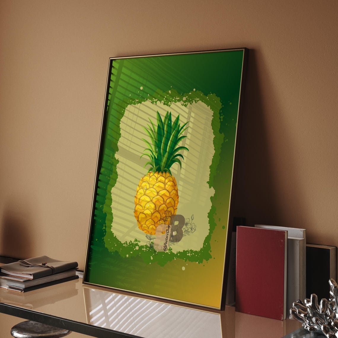 Golden Pineapple Tropical Fruit Art on Green Background Poster