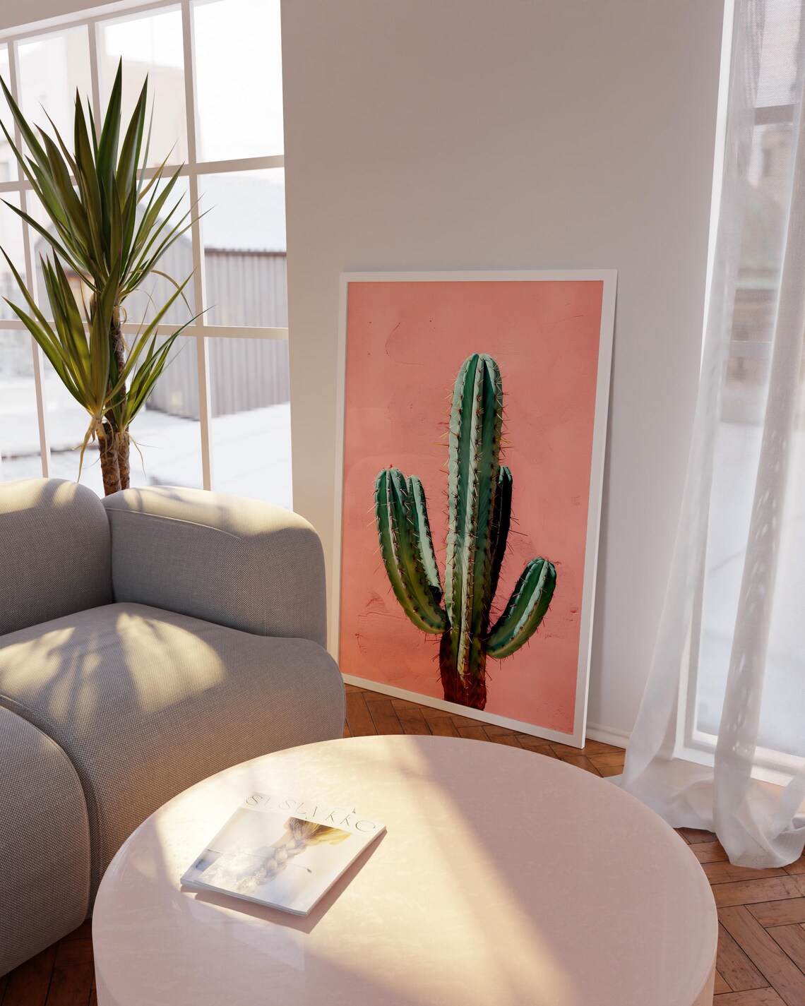 Green Cactus On Peachy Pink Background Minimalist Botanical Poster