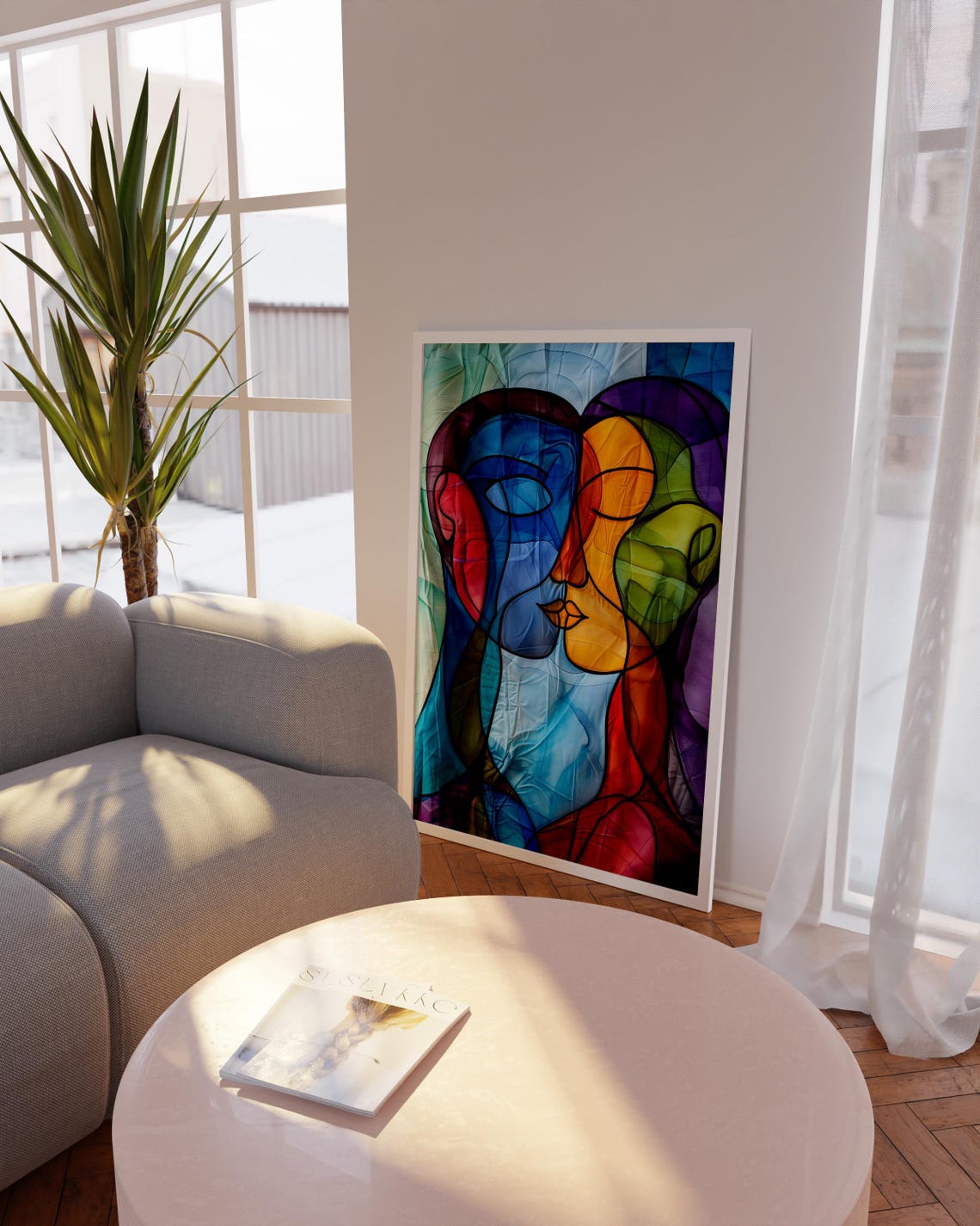 Vibrant Abstract Stained Glass Couple Kiss Romantic Modern Poster
