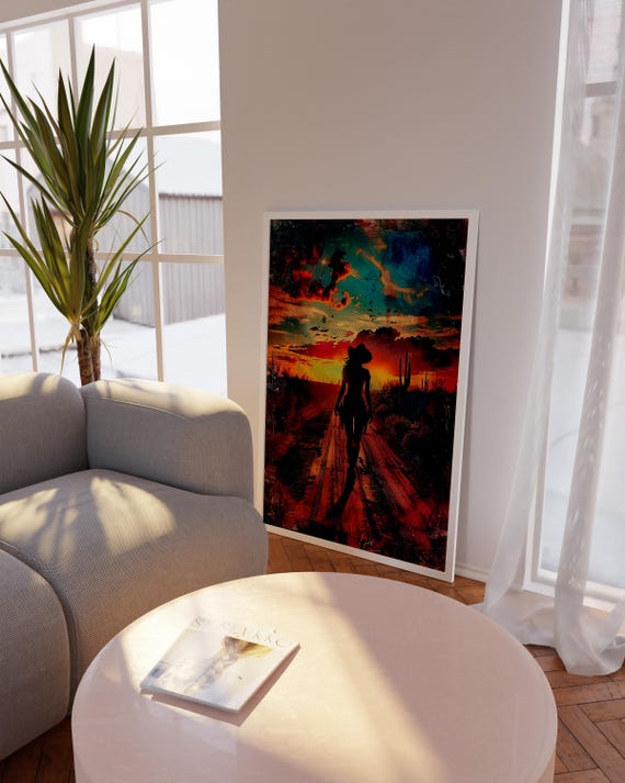 Cowgirl Sunset Art Print Desert Road Poster Wild West Woman Silhouette Colorful Western Wall Decor Country Americana Artwork