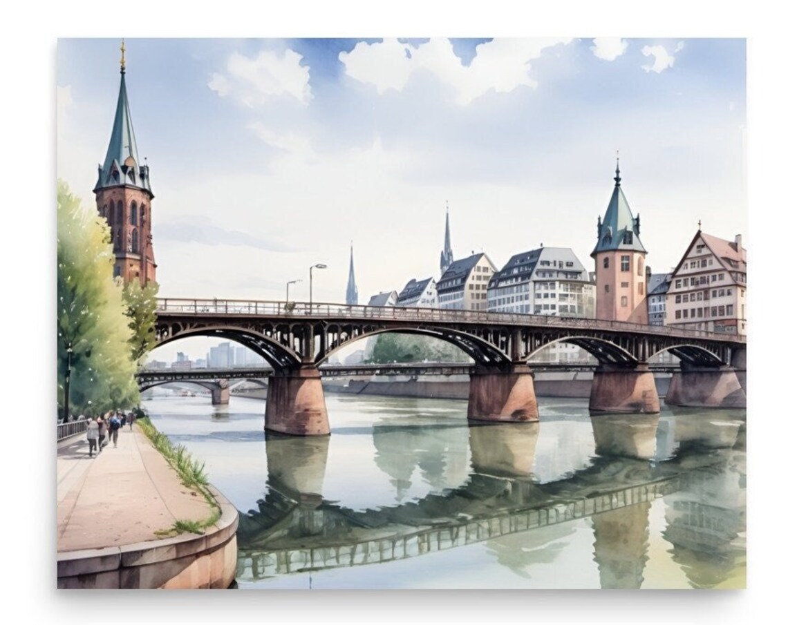 Frankfurt Iron Bridge Main River Church Towers Watercolor Poster
