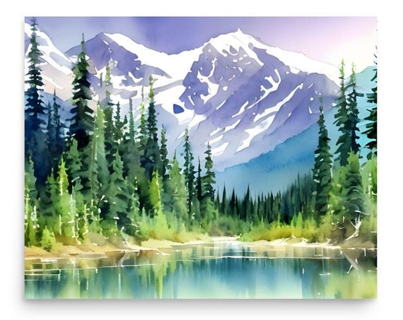 Sawtooth Range Painting Redfish Lake Watercolor Art Print Idaho Mountain Landscape Wall Art Rocky Mountains Artwork Pine Forest Art Poster