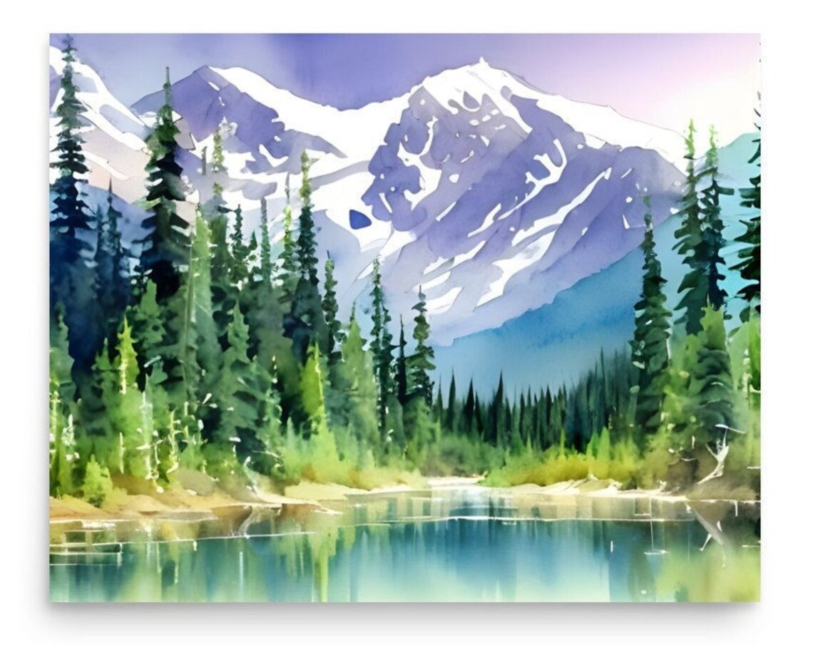 Purple Snowy Peaks Above Pine Forest And Lake Watercolor Art Poster